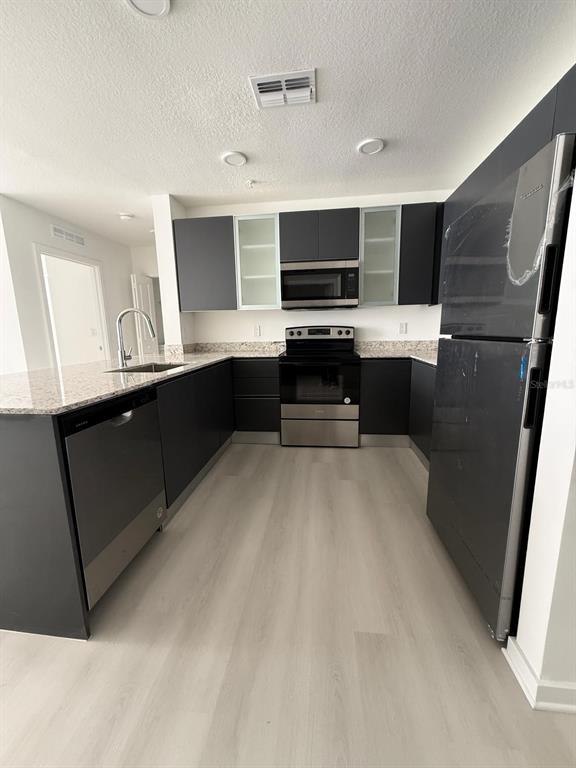 A modern kitchen features dark cabinetry, stainless steel appliances, granite countertops, and light wood flooring — 5579 PGA BLVD UNIT 524, ORLANDO, FL