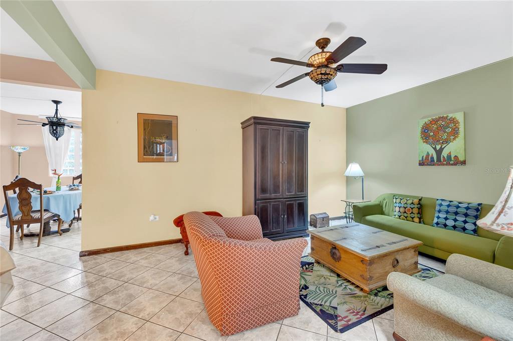 A living room features a green sofa, patterned armchair, wooden armoire, and tiled flooring — 110 FREIRE CALLE RUBI, CIDRA, PR