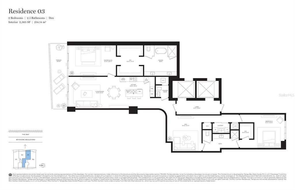 This floor plan shows a two-bedroom, 2.5-bathroom residential unit with a terrace and den — 3015 S YSABELLA AVENUE UNIT 2703, TAMPA, FL