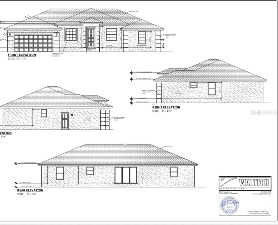 This architectural rendering displays the front, rear, and side elevations of a single-story residential home — 13863 ALLAMANDA CIRCLE, PORT CHARLOTTE, FL