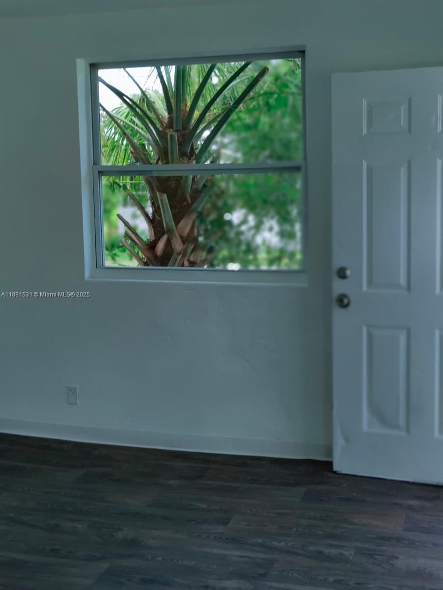 A room with dark wood-look flooring, a window overlooking a palm tree, and a door — 1630 Barnett ST, Jacksonville FL 32209, JACKSONVILLE, FL