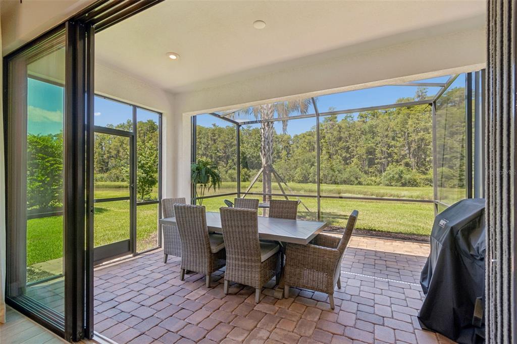 A screened-in patio with a dining set and brick pavers overlooks a grassy field — 4333 CAIROLI COURT, WESLEY CHAPEL, FL