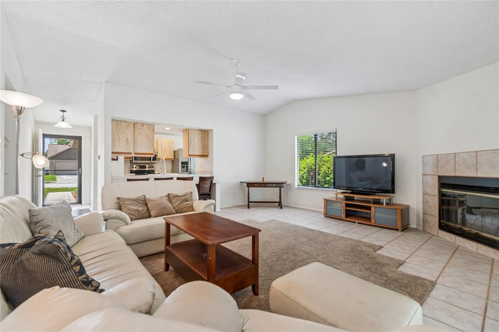 A living room features a white sofa, a fireplace, a television, and an open kitchen — 10305 TURKEY OAK DRIVE, NEW PORT RICHEY, FL
