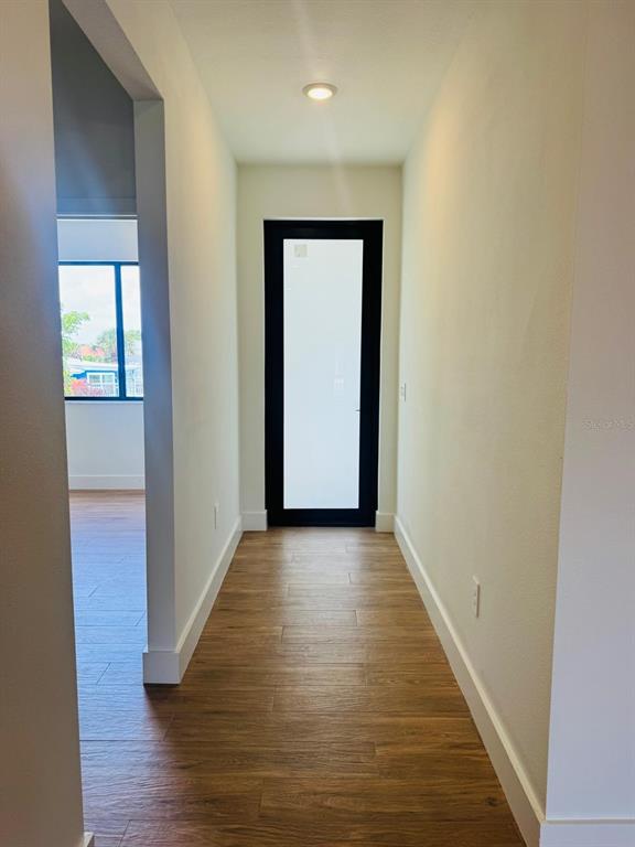 A hallway with wood-look tile flooring leads to a black-framed door with frosted glass — 1022 MARLIN DRIVE, PUNTA GORDA, FL