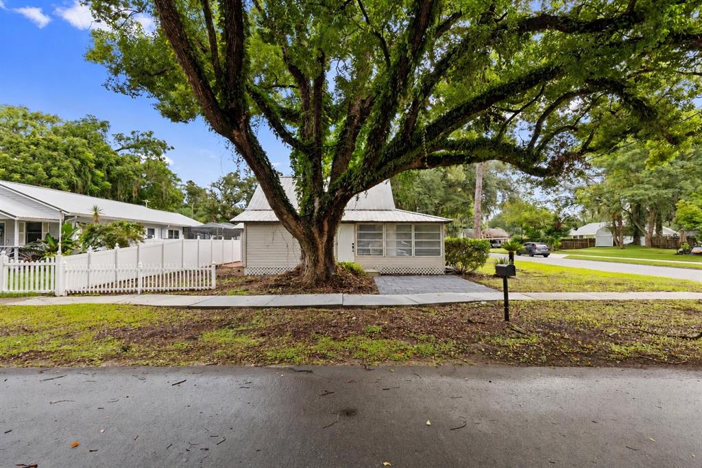 A large tree shades a small house with a white fence and a paved patio — 5450 10TH STREET, ZEPHYRHILLS, FL