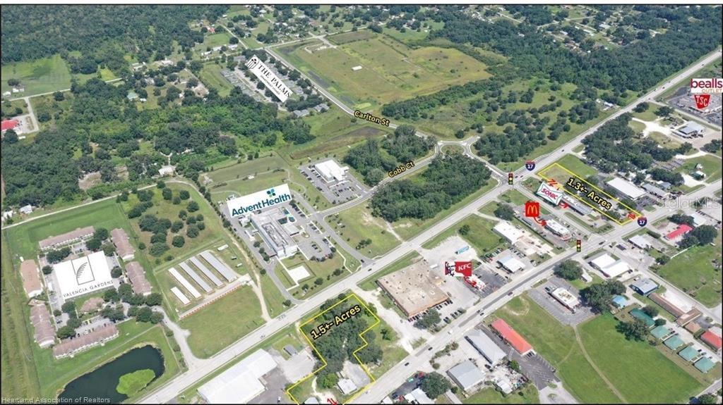 An aerial map shows two highlighted plots of land near commercial businesses and a hospital — 939 S 6TH AVENUE, WAUCHULA, FL