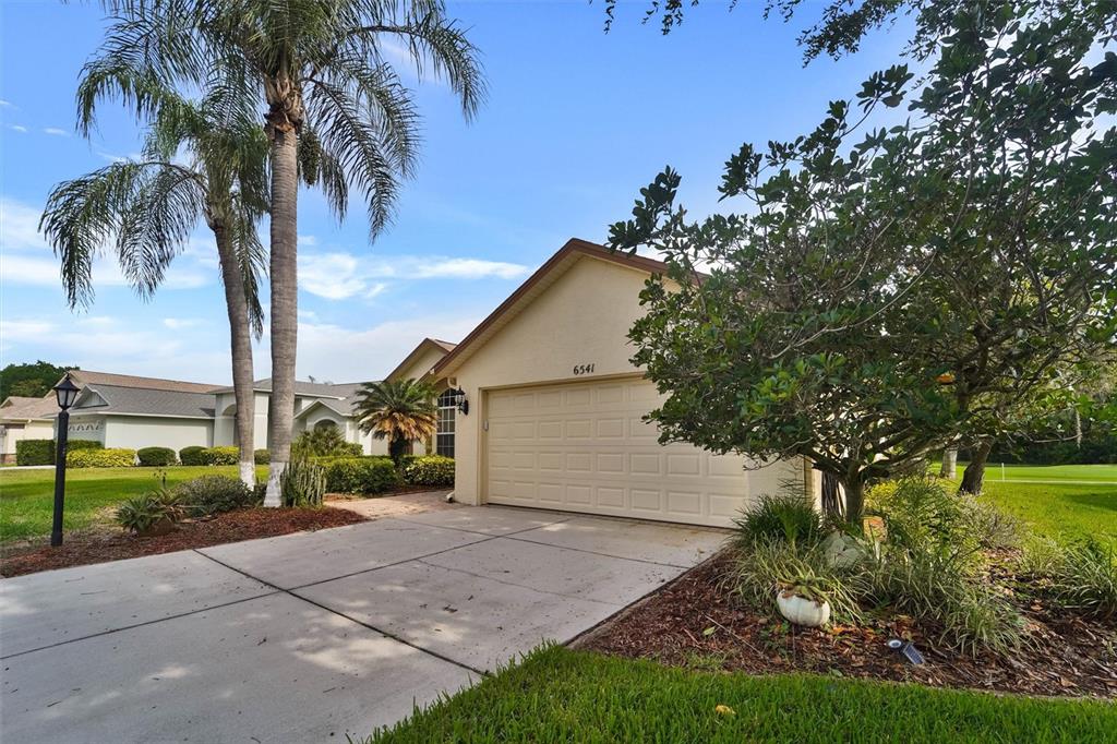 A beige single-story house features a two-car garage, a concrete driveway, and palm trees — 6541 COUNTRY RIDGE LANE, NEW PORT RICHEY, FL