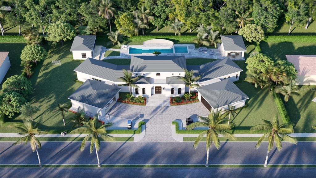 This is a digital rendering of a large, modern estate with a pool and circular driveway — Hacienda El Molino A-10 CALLE PASEO MADRID, VEGA ALTA, PR