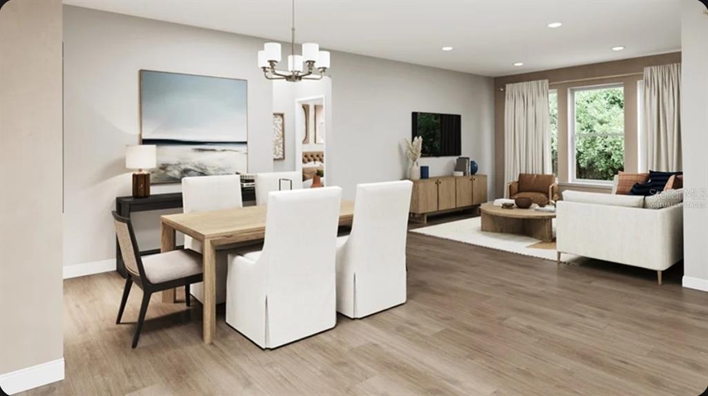 This is a virtually staged rendering of an open-concept dining and living room area — 12847 TREELINE RIDGE AVENUE, SAN ANTONIO, FL
