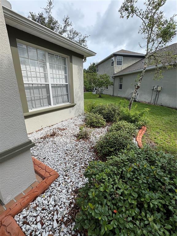A side view of a house exterior featuring a window, white gravel, and landscaping — 10761 BANFIELD DRIVE, RIVERVIEW, FL