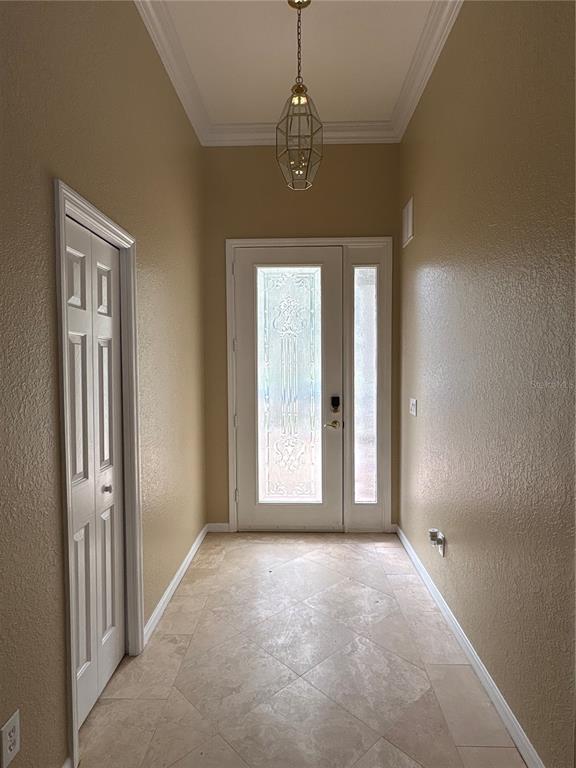 A foyer features tan walls, a tiled floor, a white front door, and a hanging pendant light — 10761 BANFIELD DRIVE, RIVERVIEW, FL