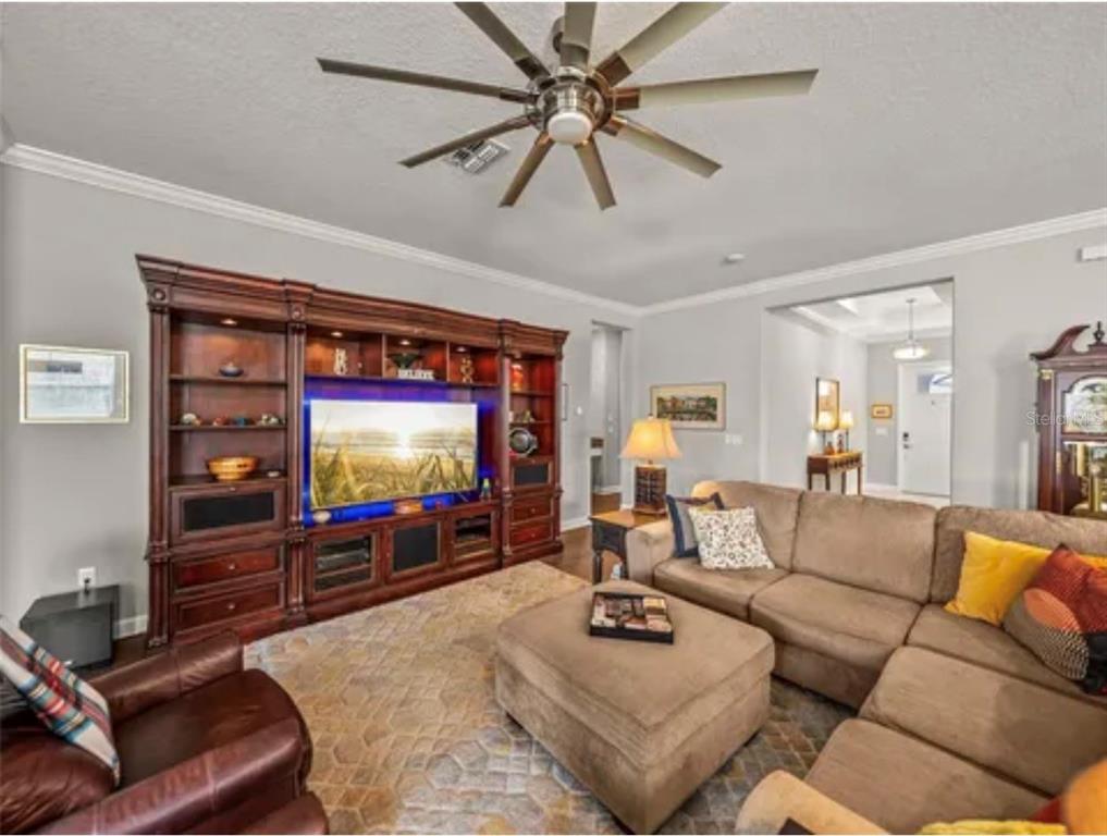 A living room features a large wooden entertainment center, a sectional sofa, and a ceiling fan — 16959 SCUBA CREST STREET, WIMAUMA, FL