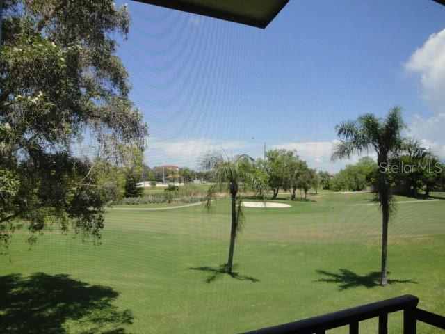 A view of a golf course fairway with palm trees seen through a screened-in porch — 6158 PALMA DEL MAR BOULEVARD S UNIT 401, ST PETERSBURG, FL