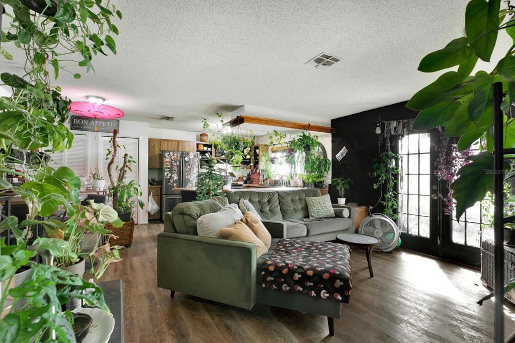 A living room features a green sectional sofa, wood-look flooring, and numerous indoor plants — 11238 HOLBROOK STREET, SPRING HILL, FL