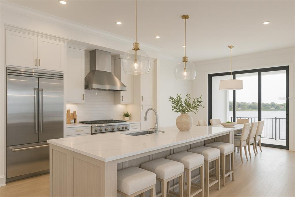 A modern kitchen features a large island with bar seating, stainless appliances, and water views — 6043 BAYOU GRANDE BOULEVARD NE, ST PETERSBURG, FL