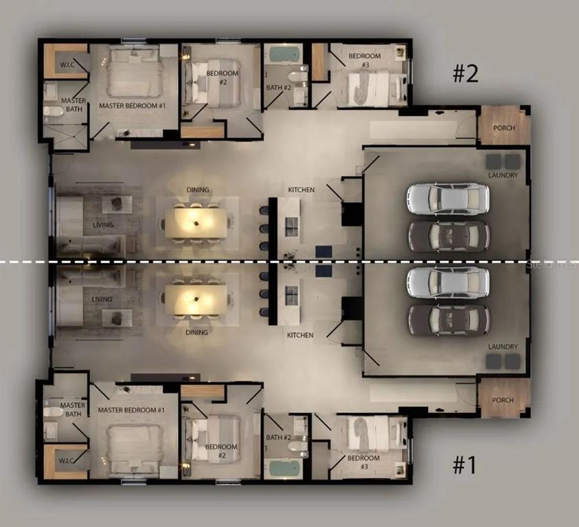 This floor plan shows two identical mirrored residential units, each featuring three bedrooms and garages — 1024/1026 DIPLOMAT PARKWAY E, CAPE CORAL, FL