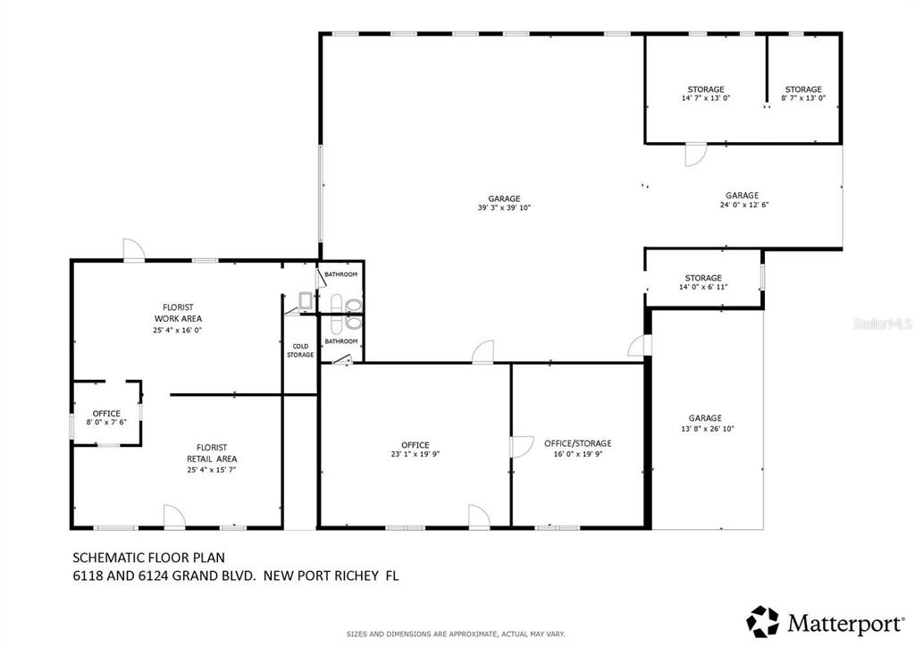 This is a schematic floor plan of a commercial property featuring multiple offices, storage areas, and garages — 6118 GRAND BOULEVARD, NEW PORT RICHEY, FL