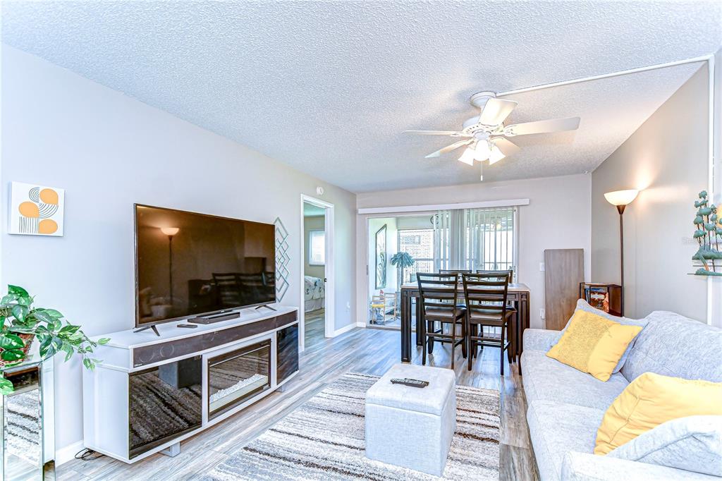 A living room features a television on a media console, a sofa, and a dining set — 13870 OAKWOOD LANE UNIT 13870, SEMINOLE, FL