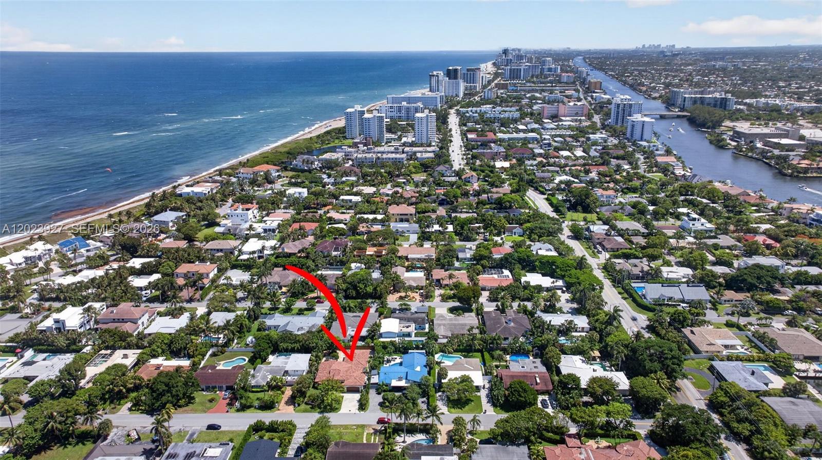 An aerial view shows a residential neighborhood with a red arrow pointing to a house — 3408 Dover Rd, Pompano Beach FL 33062, POMPANO BEACH, FL