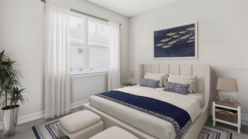 A bedroom features a bed with blue accents, two nightstands, and a window with curtains — 26296 CORAL LAKES DRIVE, PUNTA GORDA, FL