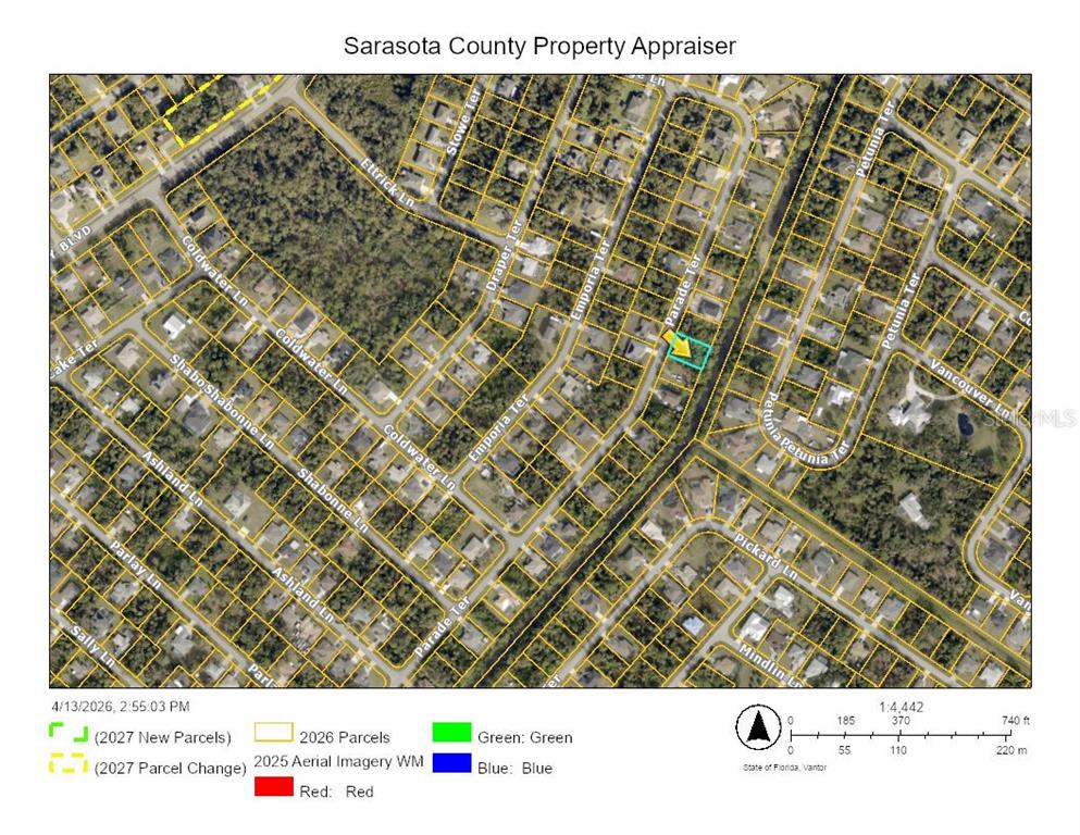 This is a property appraiser map showing parcel boundaries and street names in Sarasota County — PARADE TERRACE, NORTH PORT, FL