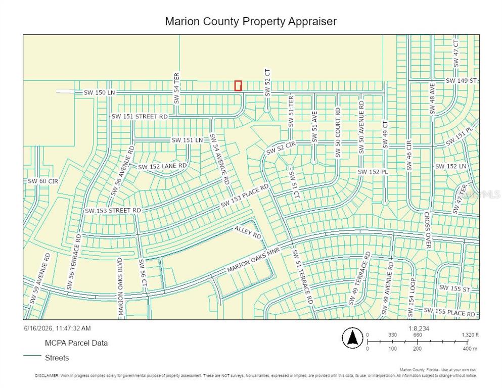 This is a property tax map showing parcel boundaries and street names in Marion County — SW 150TH LANE, OCALA, FL