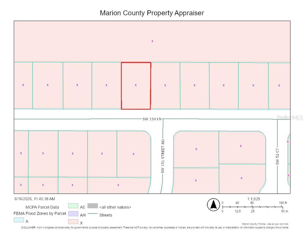 This is a property map showing parcel boundaries and flood zones in Marion County, Florida — SW 150TH LANE, OCALA, FL