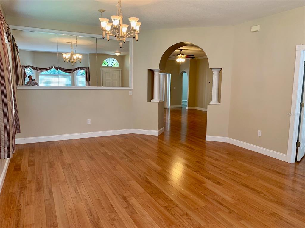 A dining room features hardwood floors, a large wall mirror, and an arched entryway — 13024 ROYAL GEORGE AVENUE, ODESSA, FL