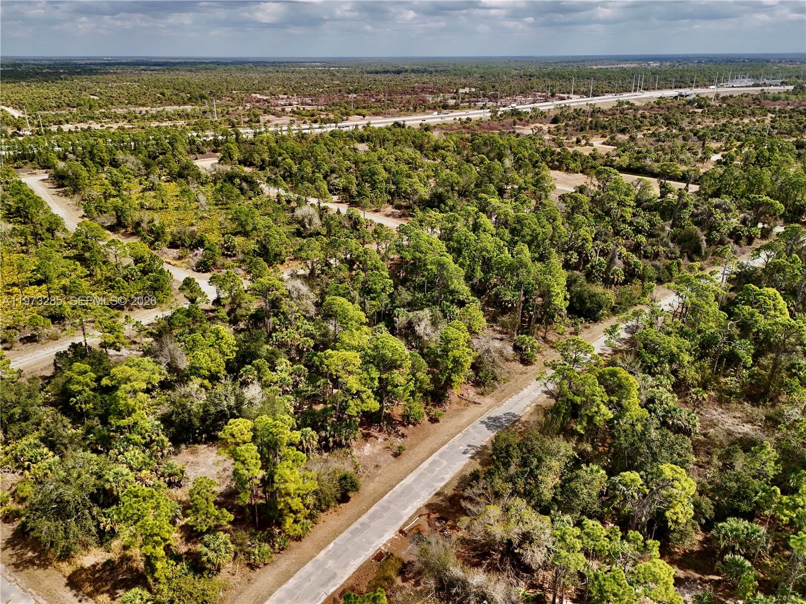 An aerial view shows a paved road winding through a dense, wooded Florida landscape — 0 IRONSIDE ST, North Port FL 34288, NORTH PORT, FL