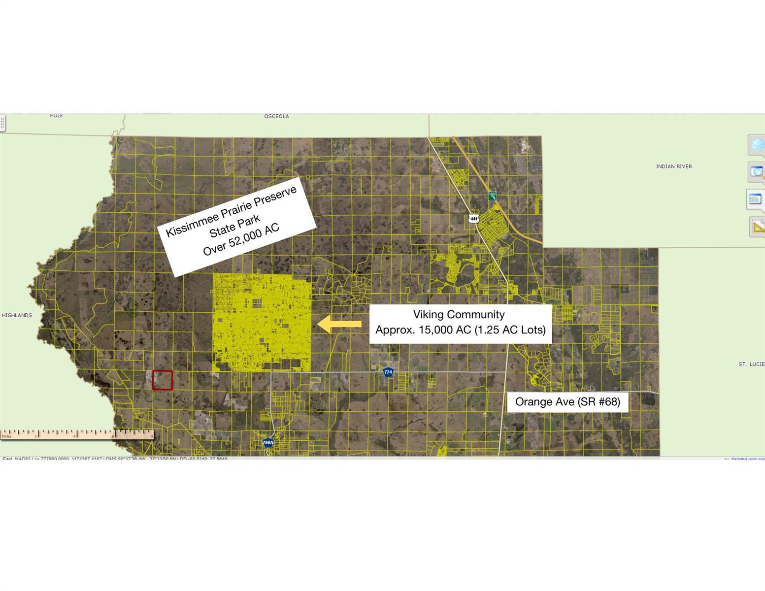 This map shows the location of the Viking Community and Kissimmee Prairie Preserve State Park — 15415 NW 292nd Street, Okeechobee FL 34972, OKEECHOBEE, FL