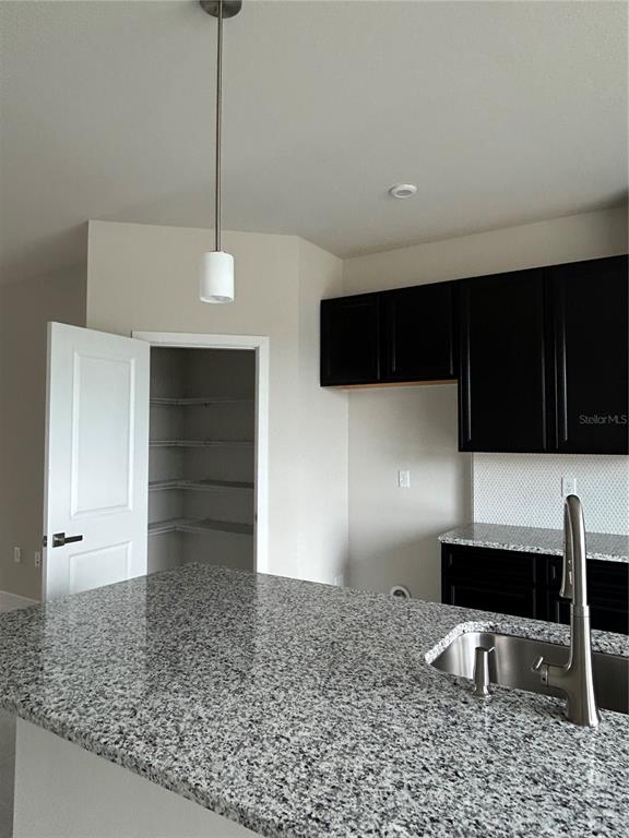A kitchen features black cabinets, granite countertops, a stainless steel sink, and a walk-in pantry — 1838 KENDALL POINTE PLACE, MELBOURNE, FL