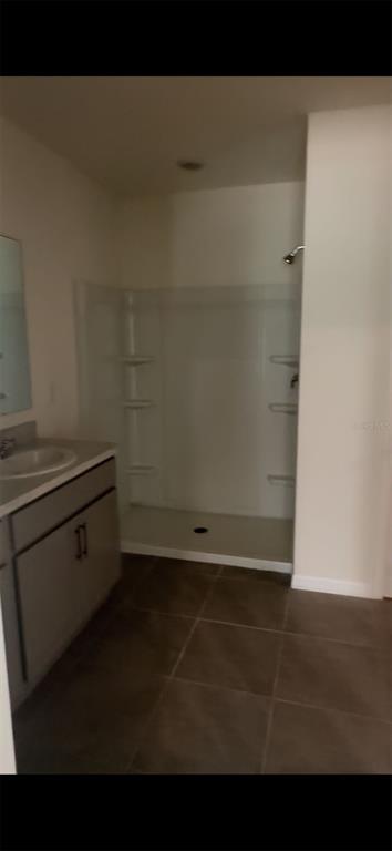A bathroom features a vanity with a sink and a walk-in shower with white walls — 713 FULMAR COURT, POINCIANA, FL