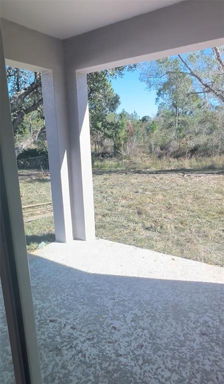 A concrete patio overlooks a grassy backyard with trees under a clear blue sky — 713 FULMAR COURT, POINCIANA, FL
