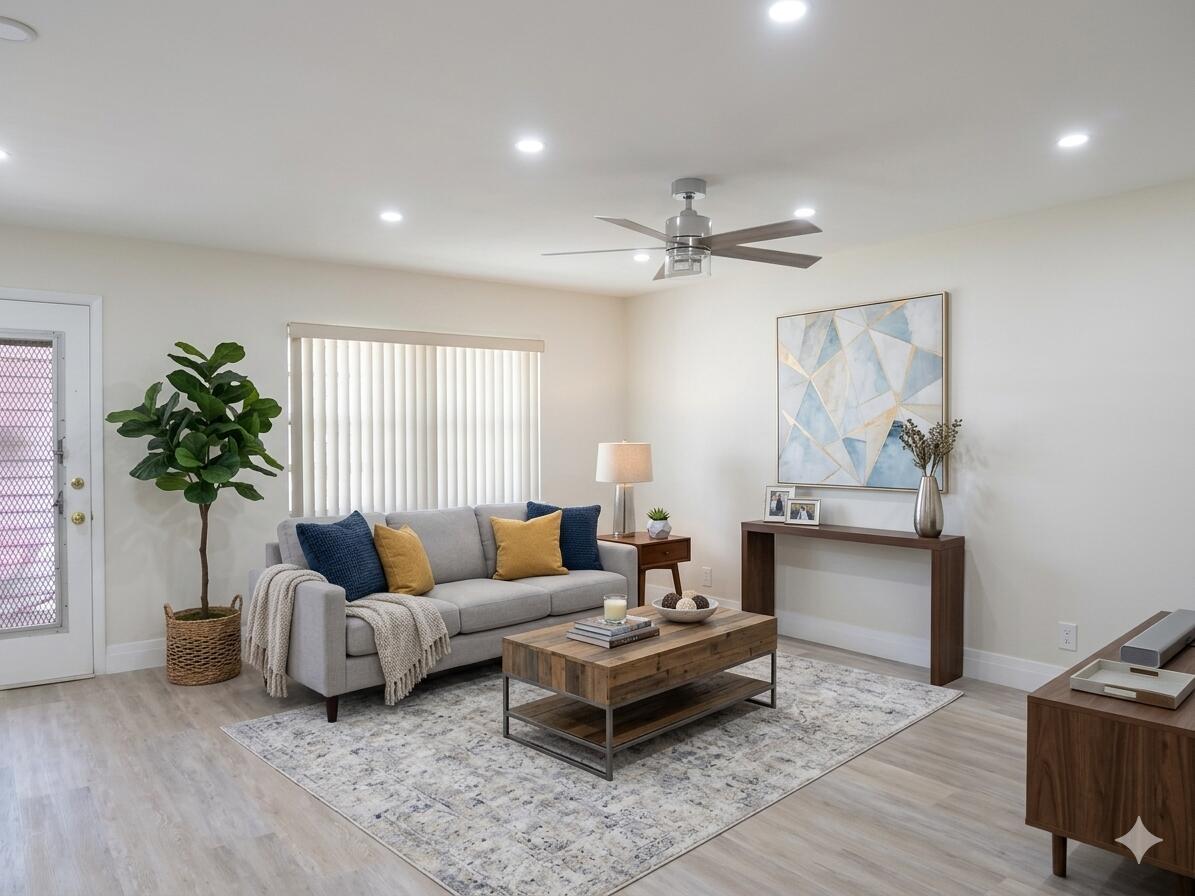 A living room features a gray sofa, wood coffee table, area rug, and ceiling fan — 557 Burgundy L, Delray Beach FL 33484, DELRAY BEACH, FL