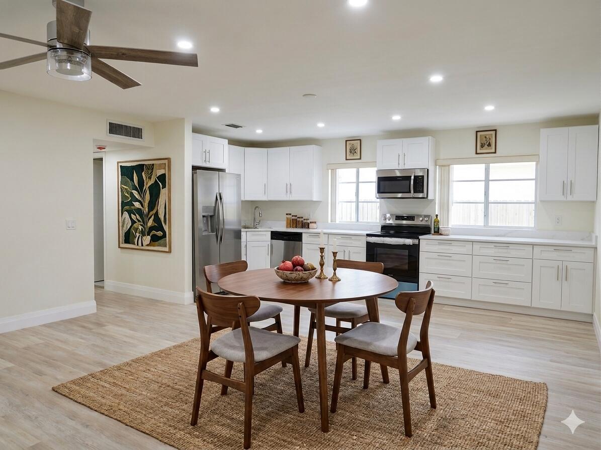 A kitchen with white cabinets, stainless steel appliances, and a round wooden dining table — 557 Burgundy L, Delray Beach FL 33484, DELRAY BEACH, FL