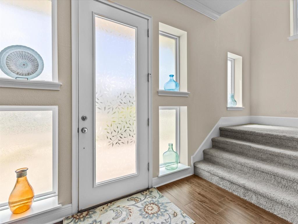 A bright entryway features a frosted glass door, side windows, carpeted stairs, and wood flooring — 8153 BELLOW STREET, ORLANDO, FL