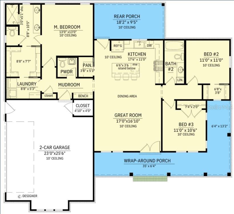 This floor plan shows a single-story house layout with three bedrooms, a garage, and porches — 39410 SPARKMAN ROAD, DADE CITY, FL