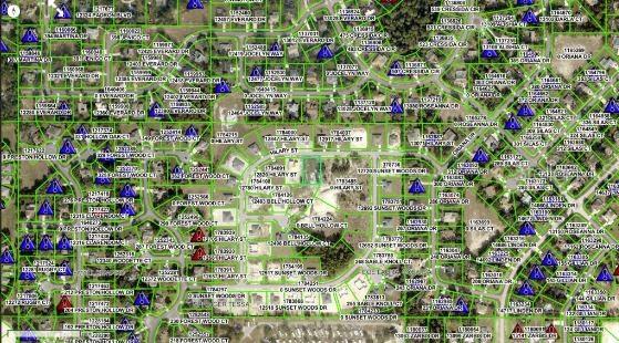 This is a satellite map showing property parcel lines and addresses in a residential neighborhood — HILARY STREET, SPRING HILL, FL