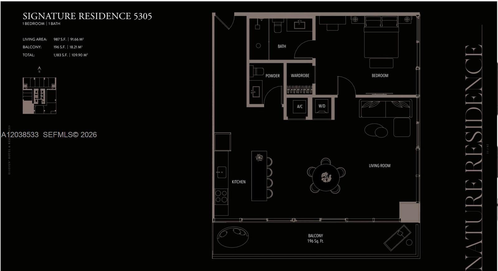 This floor plan shows a one-bedroom, one-bathroom residence with an open kitchen, living area, and balcony — 20 NE 11th st # 5305, Miami FL 33132, MIAMI, FL