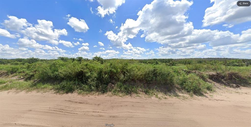 A dirt road runs in front of a vacant, overgrown grassy lot under a blue sky — HOLOPAW GROVES ROAD, ST CLOUD, FL