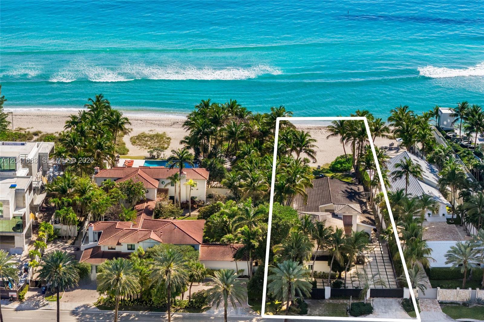 An aerial view shows a beachfront property outlined in white, surrounded by lush palm trees — 105 Ocean Blvd, Golden Beach FL 33160, GOLDEN BEACH, FL