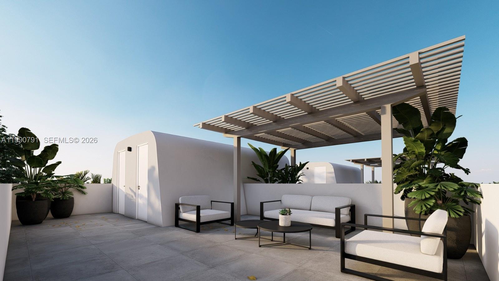 This is a rendering of a modern rooftop terrace featuring a pergola, seating, and planters — 800 84th St, Miami Beach FL 33141, MIAMI BEACH, FL