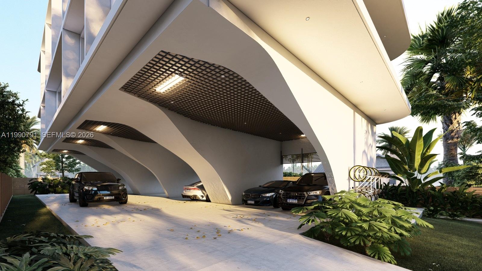 This architectural rendering shows a modern covered parking area with arched concrete supports — 800 84th St, Miami Beach FL 33141, MIAMI BEACH, FL