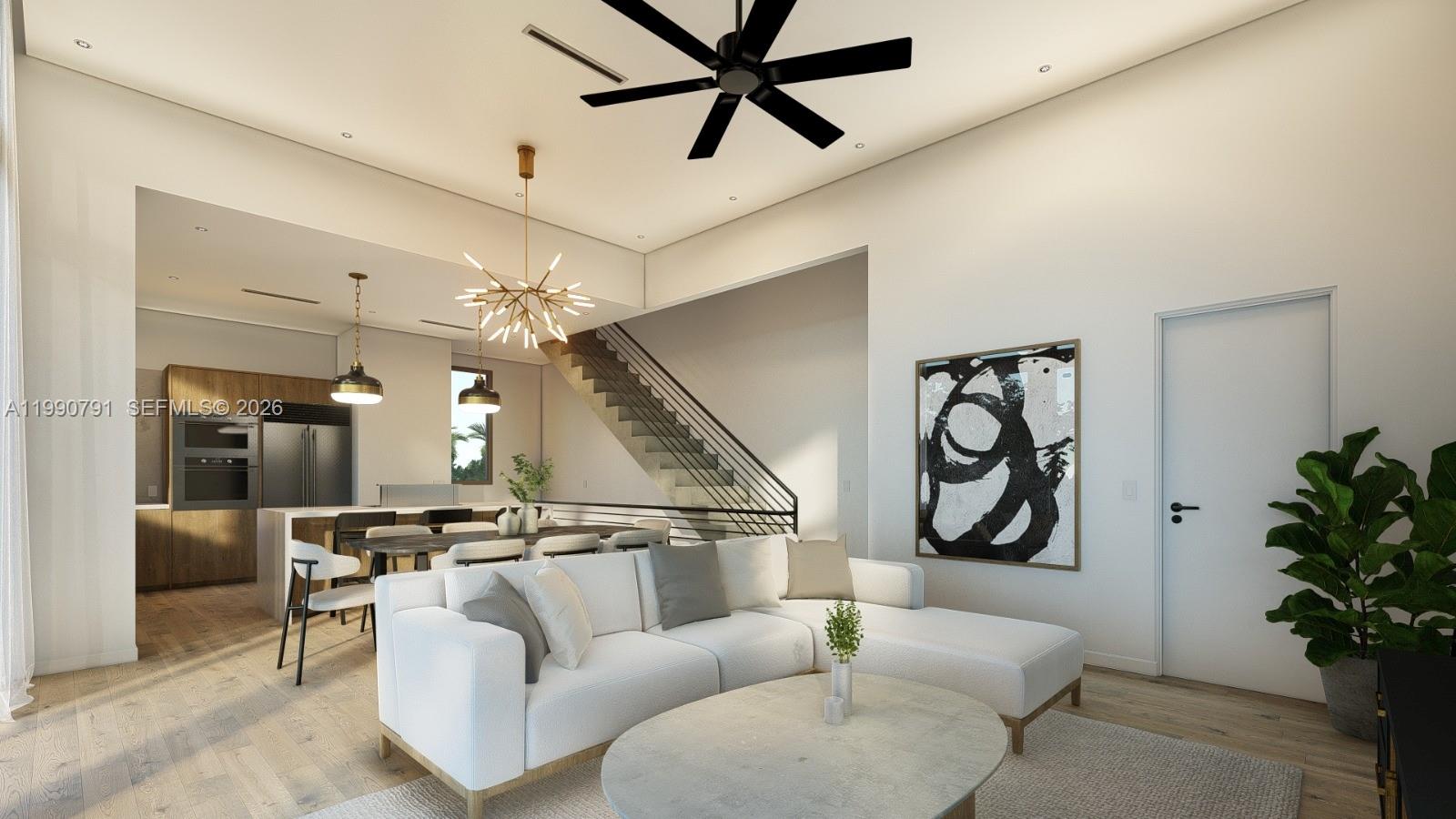 This is a rendering of an open-concept living room and kitchen with modern finishes — 800 84th St, Miami Beach FL 33141, MIAMI BEACH, FL