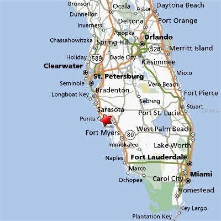 This is a map of Florida with a red star marking a location near Punta Gorda — 2267 CANNOLOT BOULEVARD, PORT CHARLOTTE, FL