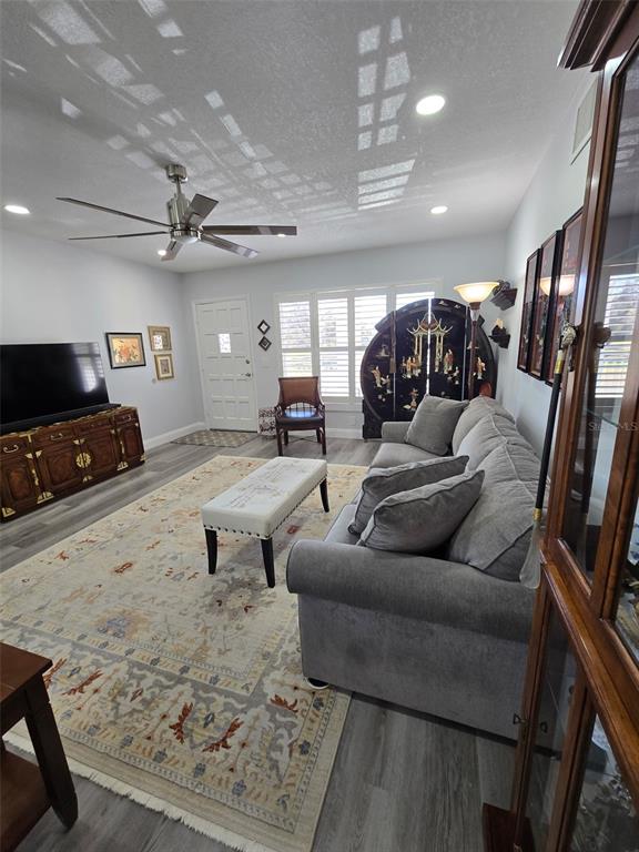 A living room features a grey sofa, a patterned area rug, and a television console — 2430 FLORENTINE WAY UNIT 40, CLEARWATER, FL