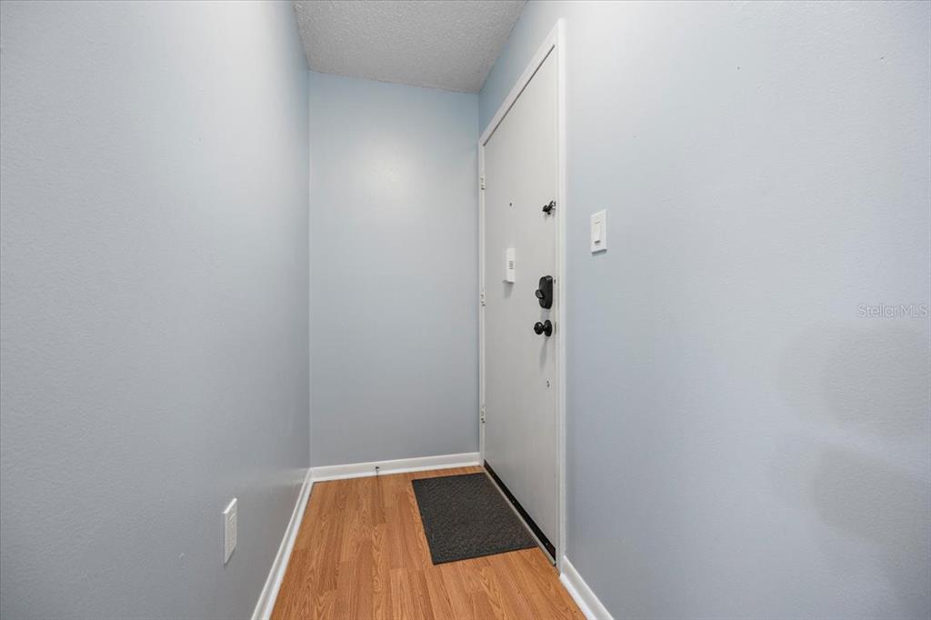 A small entryway features light blue walls, wood-look flooring, and a white front door — 2628 SW 14TH DRIVE UNIT 326, GAINESVILLE, FL