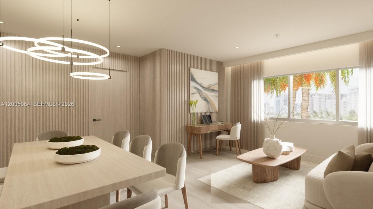 This rendering shows a dining and living area with wood-slatted walls and modern furniture — 260 Collins Ave # 201, Miami Beach FL 33139, MIAMI BEACH, FL