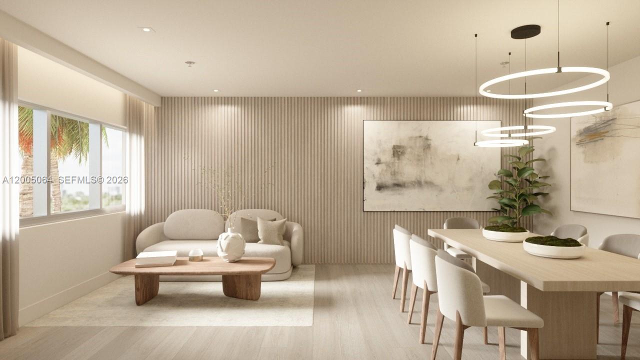 This rendering shows a modern dining and living area with wood-slat walls and pendant lighting — 260 Collins Ave # 201, Miami Beach FL 33139, MIAMI BEACH, FL