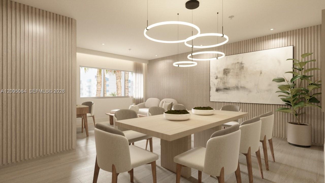 This rendering shows a modern dining room with slatted wood walls and a pendant light — 260 Collins Ave # 201, Miami Beach FL 33139, MIAMI BEACH, FL